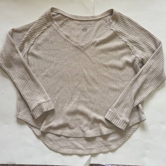 American Eagle Soft & Sexy Plush Waffle Knit V-Neck Top Beige Small - Picture 2 of 7